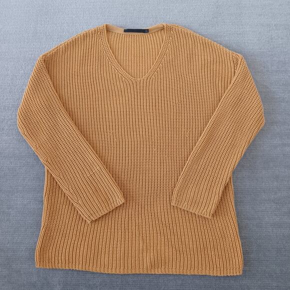 Jenni Kayne Fisherman Sweater Womens Medium Knit Mustard Yellow Stretch V-Neck - Picture 1 of 9